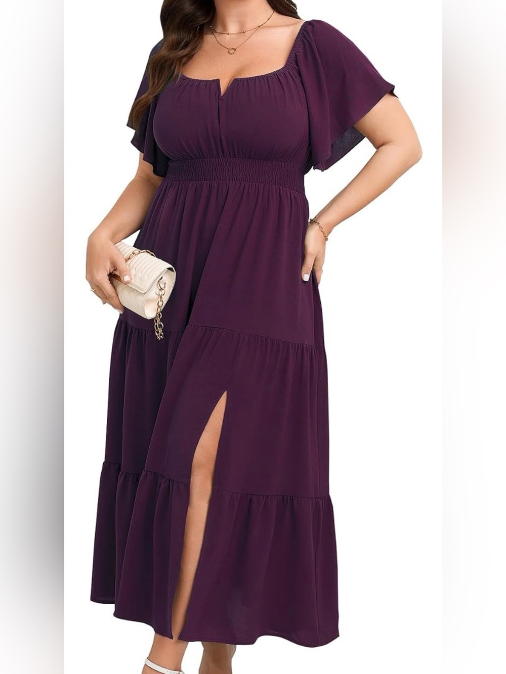 Plus Size Square Neck Flutter Sleeve Maxi Dress - Plum
